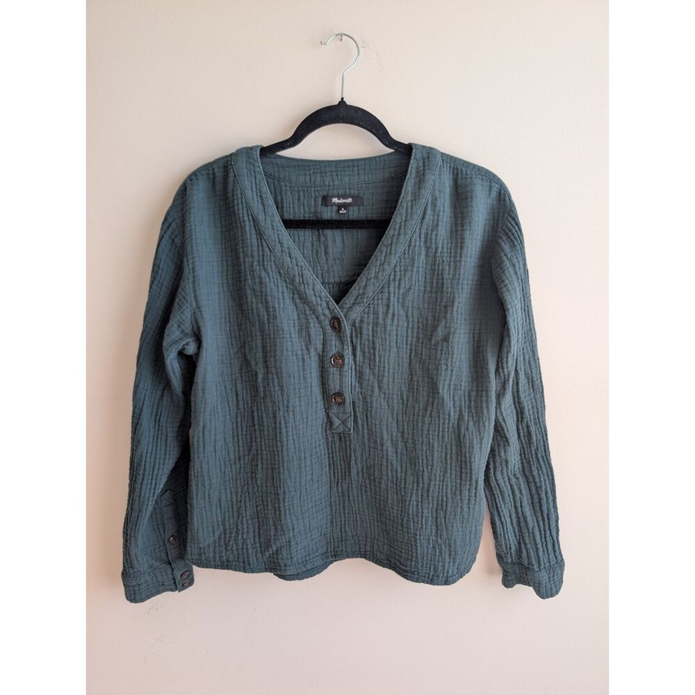 Madewell women's textured 100% cotton gauze henley dark green long sleeve Medium